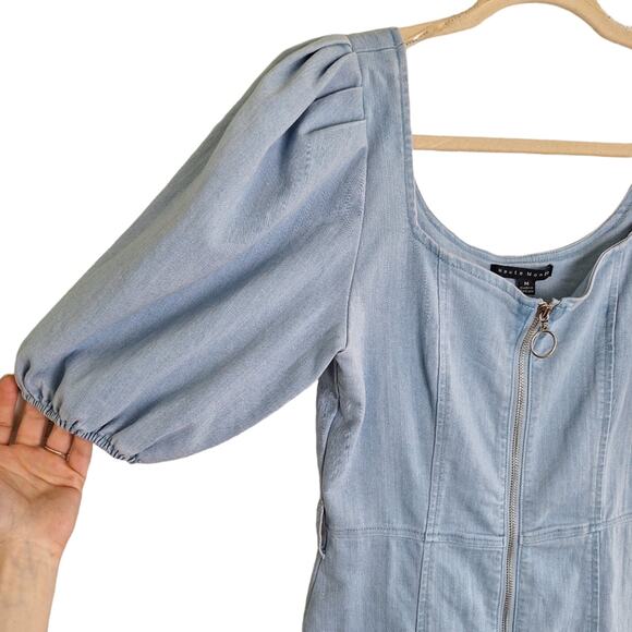 Haute Monde Denim Spring Mini Dress Front Zipper & Puff Short Sleeves M - Picture 4 of 12